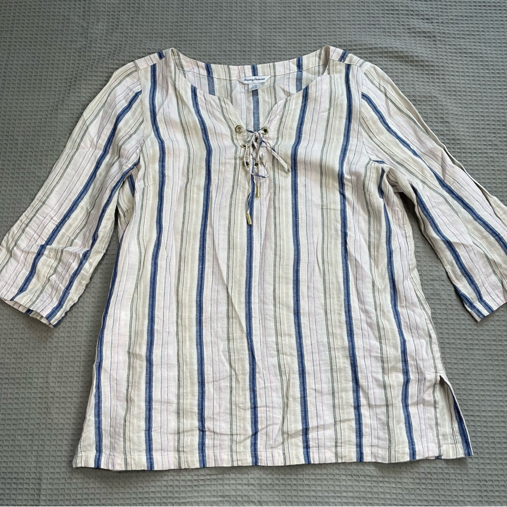 Tommy Bahama Linen Blend Tunic Top Large Womens Metallic Stripe Tie Neck